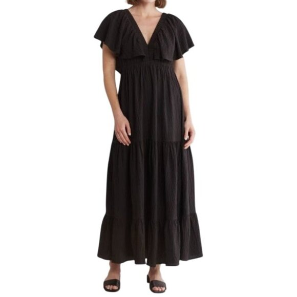NEW Mila Mae Flutter Sleeve‎ Tiered Maxi Dress in Black, Size M, Open Tie Back - Picture 1 of 13
